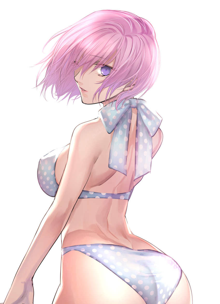 absurdres bikini bikini_day breasts commentary fate/grand_order fate_(series) female from_behind hair_over_one_eye hashtag-only_commentary highres looking_back mash_kyrielight parted_lips pink_hair polka_dot polka_dot_bikini purple_eyes ri-ko simple_background solo swimsuit white_background white_bikini