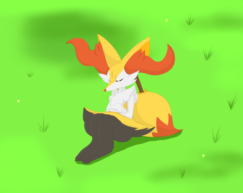 2023 ambiguous_gender anthro blush blush_lines braixen canid canine claws closed_eyes eiroru fake_screencap fennec_fox fox fur generation_6_pokemon grass grey_body grey_fur hi_res inner_ear_fluff mammal nintendo on_grass open_mouth orange_body orange_fur paws plant pokemon pokemon_(species) pokemon_sleep sleeping solo stick tail true_fox tuft white_body white_fur yellow_body yellow_fur