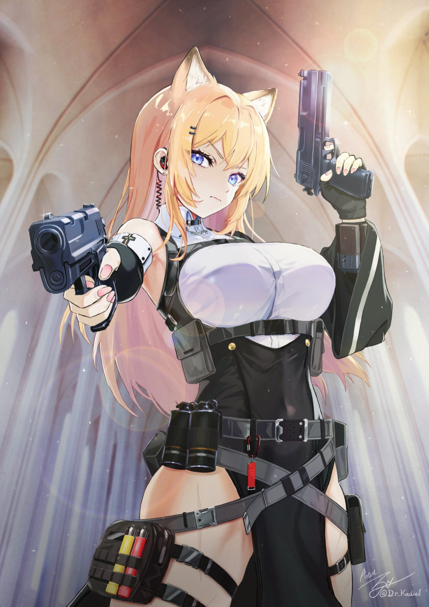 absurdres aiming aiming_at_viewer animal_ears armpits bare_shoulders belt belt_pouch black_gloves black_skirt blonde_hair blue_eyes breasts collared_shirt detached_sleeves dual_wielding earpiece extra_ears female fingerless_gloves framed_breasts gloves gun hand_up handgun highres holding holding_gun holding_weapon kadiel large_breasts long_hair long_sleeves looking_at_viewer novelpia original pelvic_curtain pouch scar shirt skirt sleeveless sleeveless_shirt solo thighs weapon white_shirt