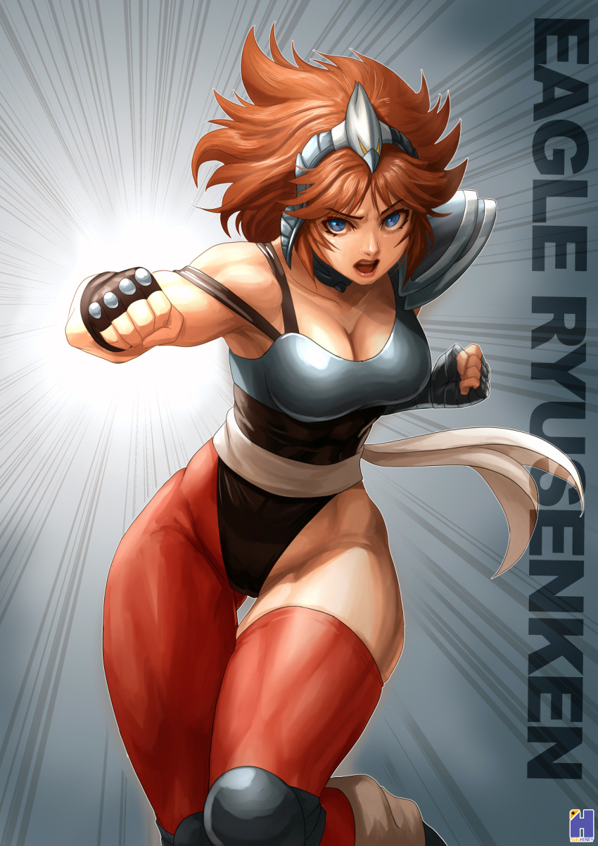 aquila_marin armor asymmetrical_armor asymmetrical_legwear black_leotard blue_eyes breastplate breasts brown_hair cleavage elbow_gloves female fighting_stance fingerless_gloves gauntlets gloves grey_background highres knee_pads leotard long_hair medium_breasts muscular muscular_female no_mask orange_hair pantyhose red_hair red_pantyhose saint_seiya sash shoulder_armor shoulder_pads single_gauntlet single_leg_pantyhose single_shoulder_pad solo swwhenry