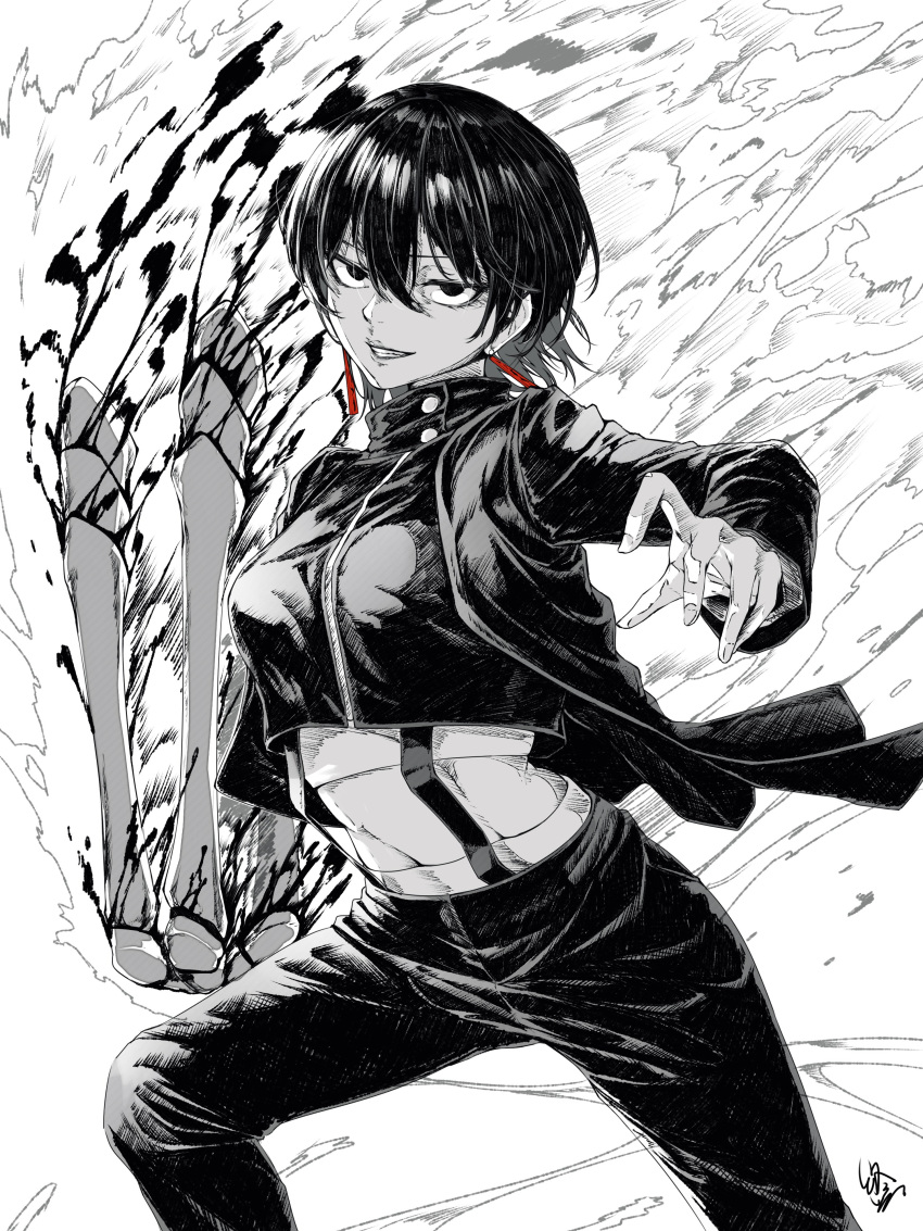 absurdres black_coat blood blood_on_weapon bone breasts clothing_cutout coat endo_yohane female fire flaming_weapon greyscale highres kagurabachi kakari_hiyuki looking_at_viewer midriff monochrome pyrokinesis ribbon_earrings short_hair smoke smug solo stomach_cutout weapon