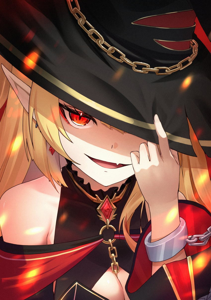 bare_shoulders black_hat black_sleeves blonde_hair blunt_bangs breasts chains cleavage cleavage_cutout clothing_cutout cuffs detached_sleeves dress earrings eyelashes eyeliner female gem gold_chain gold_trim hair_between_eyes half-closed_eyes hand_on_headwear handcuffs hat hat_chain hat_over_one_eye highres idol_corp jewelry krma large_breasts long_hair long_sleeves looking_at_viewer makeup o-ring oerba_yun_fang open_mouth pointy_ears red_eyes red_gemstone ruby_runeheart shackles sidelocks silver_chain skin_fang sleeveless solo spanish_commentary torn_clothes torn_hat upper_body virtual_youtuber wide_sleeves