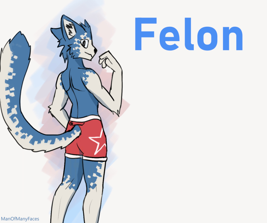 anthro blue_body blue_fur boxer_briefs boxer_briefs_only camo cel_shading clothed clothing domestic_cat ear_tuft felid feline felis fluffy fluffy_tail fur male mammal manofmanyfaces multicolored_body rear_view red_clothing red_underwear shaded simple_background solo standing tail topless tuft two_tone_body underwear underwear_only white_body white_fur