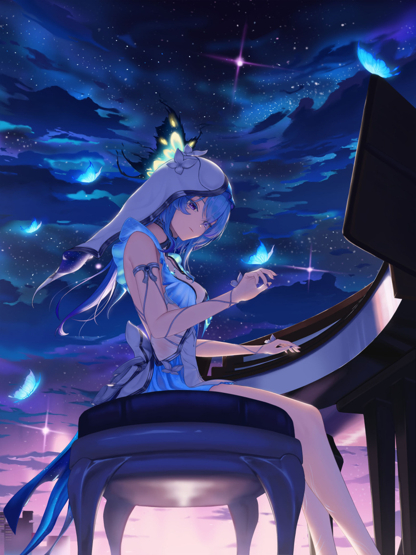 armlet bare_legs blue_butterfly blue_hair blue_nails blue_theme breasts bug butterfly closed_mouth colored_eyelashes commentary dress feet_out_of_frame female from_side highres instrument jewelry legs long_hair looking_at_animal medium_breasts music muwon nail_polish piano_bench playing_instrument playing_piano purple_eyes sitting sleeveless sleeveless_dress solo the_shorekeeper_(wuthering_waves) veil white_dress white_veil wuthering_waves