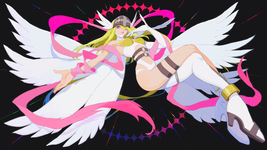 absurdres angel angewomon armor bare_shoulders black_background blonde_hair blue_eyes bodysuit breastplate breasts clothing_cutout colored_sclera crossed_legs digimon digimon_(creature) female helmet high_heels highres hip_vent long_hair medium_breasts one_eye_closed pink_ribbon pink_sclera rae_(hexedwithluck) ribbon simple_background solo stomach_cutout white_bodysuit white_wings winged_helmet wings