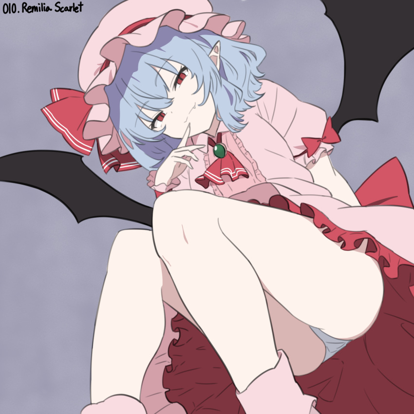 ascot bat_wings blue_hair bow center_frills character_name closed_mouth collared_shirt commentary_request english_text fang_out female frills green_brooch hat hat_ribbon highres long_hair looking_at_viewer mob_cap oerba_yun_fang panties pantyshot pink_hat pink_shirt pink_skirt pointy_ears puffy_short_sleeves puffy_sleeves red_ascot red_bow red_eyes remilia_scarlet ribbon shirt short_sleeves skirt sleeve_bow smile snackdang solo touhou underwear white_panties wings wrist_cuffs