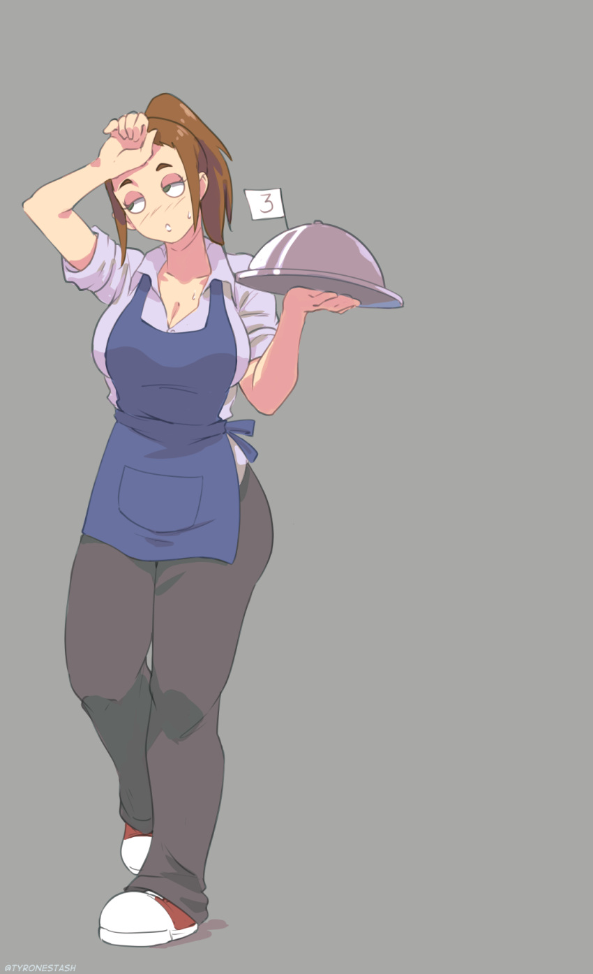 apron black_pants blue_apron breasts brown_hair cleavage collarbone collared_shirt diner_dash english_commentary female flo_(diner_dash) green_eyes grey_background hand_on_own_forehead highres holding holding_tray large_breasts light_blush pants parted_lips ponytail purple_shirt shirt shoes short_sleeves sneakers solo sweat tray tyrone waitress