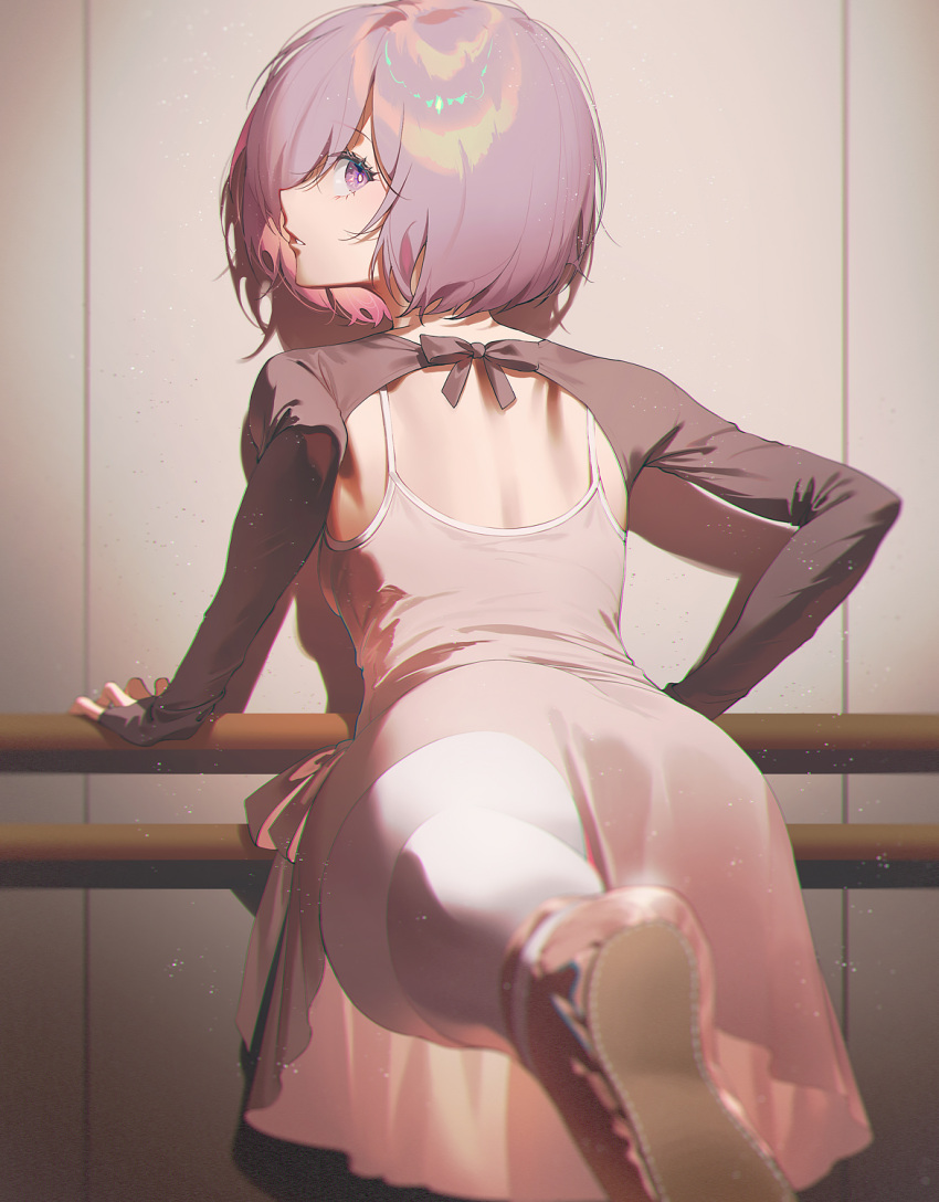 barre black_shirt camisole commentary fajyobore fate/grand_order fate_(series) female foreshortening hand_on_railing highres leaning_forward long_sleeves looking_at_viewer looking_back mash_kyrielight median_furrow outstretched_leg pants parted_lips pink_camisole pink_pants pink_skirt pink_thighhighs purple_eyes purple_hair shirt short_hair shoulder_blades shrug_(clothing) skirt sleeves_past_wrists solo thighhighs