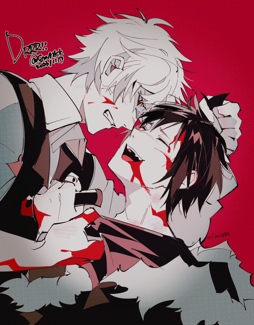 2boys blood blood_from_mouth blood_on_face blood_on_hands clenched_teeth coat collared_shirt dated durarara!! eromkk fur-trimmed_hood fur_trim hand_in_another's_hair heiwajima_shizuo highres holding holding_knife holding_weapon hood hood_down hooded_coat knife male_focus multiple_boys open_mouth orihara_izaya red_background shirt simple_background stab teeth tongue twitter_username upper_body upper_teeth_only vest violence weapon wing_collar