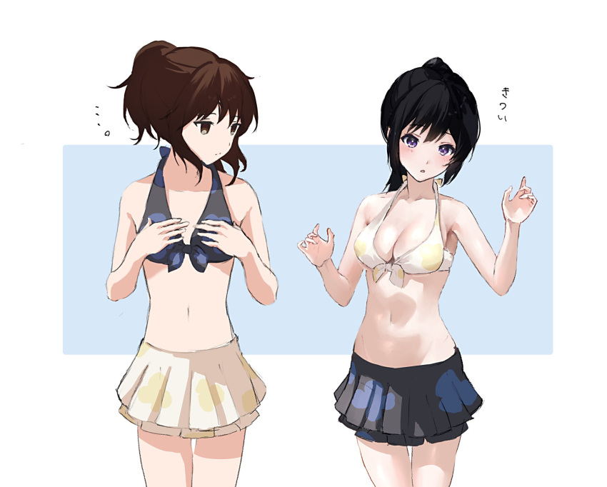 2girls arms_up bikini black_bikini black_hair blush borrowed_clothes breast_envy breasts brown_hair floral_print hands_on_own_chest hibike!_euphonium highres jitome kousaka_reina large_breasts lie_lack1080 long_hair looking_at_breasts medium_hair mismatched_bikini multiple_girls navel oumae_kumiko oversized_clothes ponytail purple_eyes swimsuit undersized_clothes yellow_bikini yellow_eyes