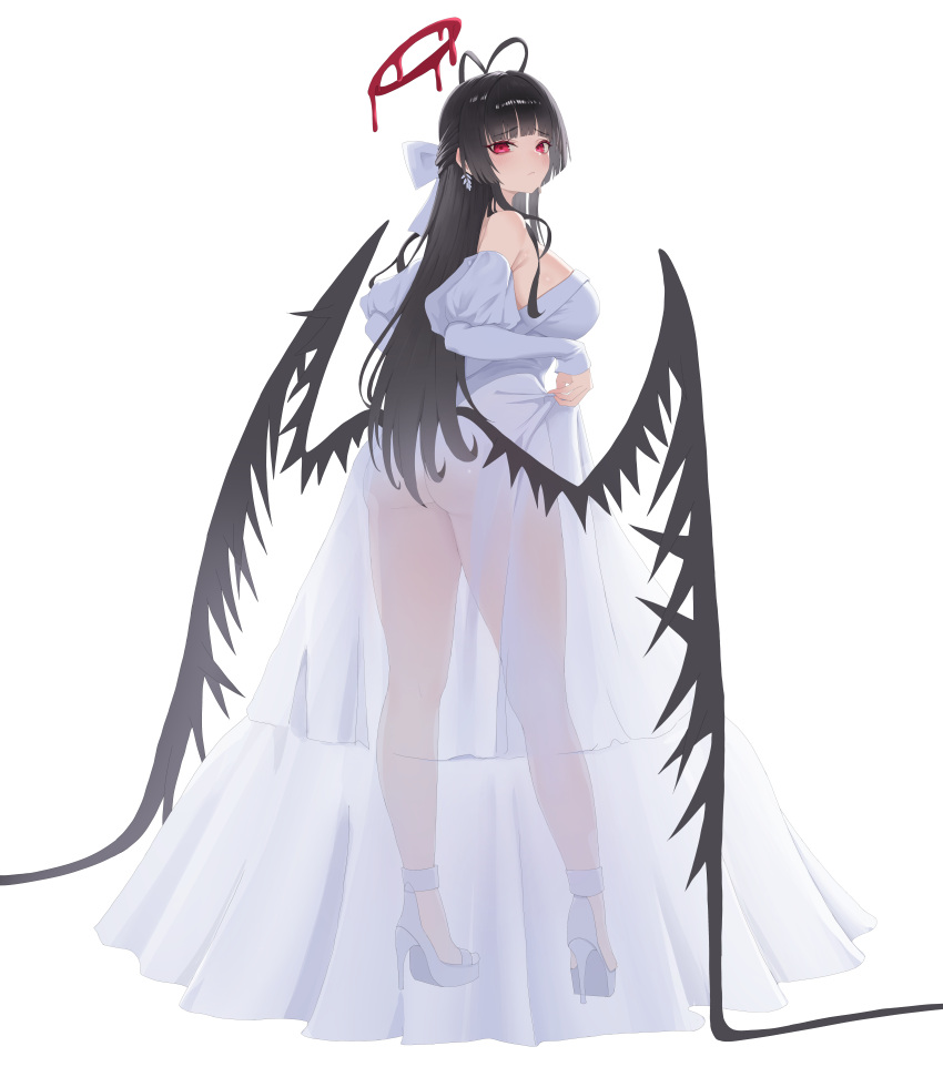 :/ absurdres antenna_hair ass black_hair black_wings blood blood_halo blue_archive blush bow breasts closed_mouth commentary_request detached_sleeves dress earrings female from_behind hairbow halo high_heels highres jewelry korean_commentary large_breasts liquid_halo long_hair looking_at_viewer looking_back low_wings melting_halo musclexm official_alternate_costume red_eyes red_halo sandals see-through_clothes see-through_dress simple_background skirt_hold solo standing strappy_heels tsurugi_(blue_archive) tsurugi_(dress)_(blue_archive) very_long_hair white_background white_bow white_dress white_sleeves wings