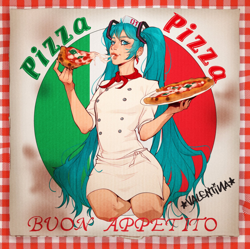 alternate_costume artist_name bandana bandana_around_neck blue_eyes blue_hair female hat hatsune_miku highres italian_flag kneeling ko-fi_username long_hair looking_at_viewer red_bandana shirt skirt solo twintails valentina_tavolilla vocaloid white_hat white_shirt white_skirt