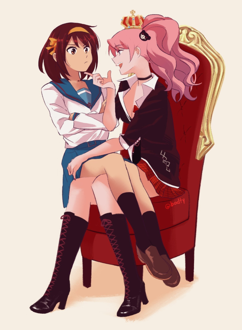 2girls artist_name bear_hair_ornament black_choker black_footwear black_jacket black_socks blue_sailor_collar blue_skirt bodtyy boots breasts brown_eyes brown_footwear brown_hair choker cleavage commentary commission cross-laced_footwear crossed_arms crown danganronpa:_trigger_happy_havoc danganronpa_(series) english_commentary enoshima_junko finger_to_another's_mouth full_body hair_ornament high_heel_boots high_heels highres jacket kita_high_school_uniform knee_boots loafers looking_at_another mini_crown multiple_girls on_chair open_mouth orange_ribbon pink_hair plaid_clothes plaid_skirt red_skirt ribbon sailor_collar school_uniform shirt shoes short_hair sitting sitting_on_lap sitting_on_person skirt socks suzumiya_haruhi suzumiya_haruhi_no_yuuutsu teeth twintails white_shirt winter_uniform