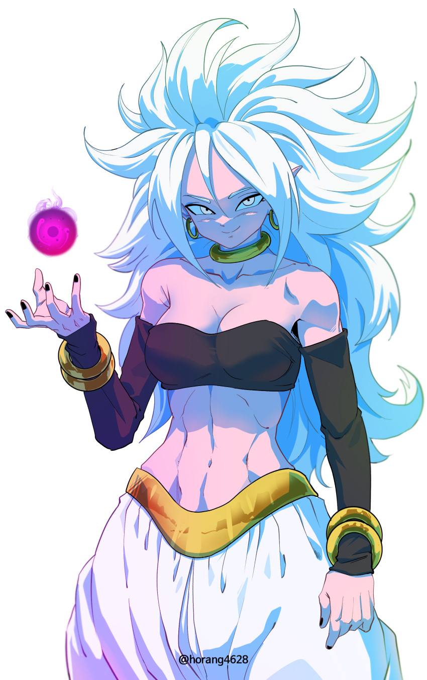 absurdres android android_21 bandeau black_bandeau black_nails black_sleeves bracelet breasts cleavage colored_skin commentary_request detached_sleeves dragon_ball dragon_ball_fighterz earrings energy_ball female gold_bracelet gold_choker gold_earrings highres hoop_earrings horang4628 jewelry korean_commentary large_breasts long_hair looking_at_viewer majin_android_21 messy_hair midriff navel pants pink_skin pointy_ears smile solo twitter_username white_background white_eyes white_hair white_pants