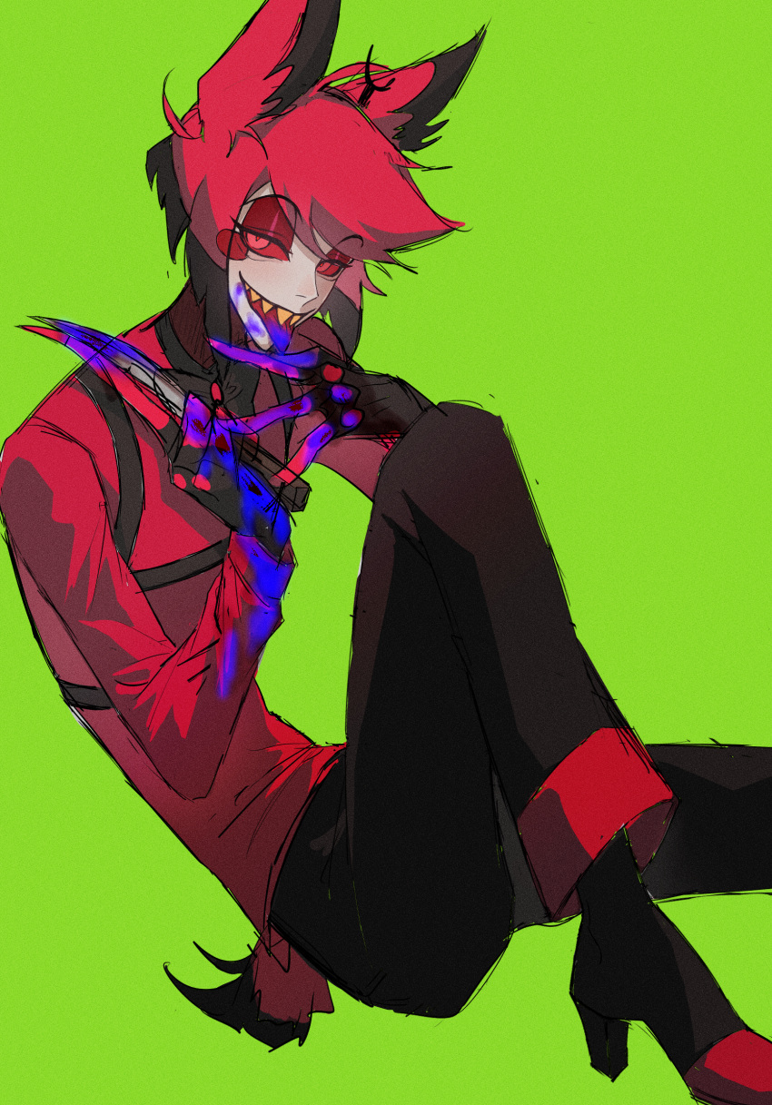 1boy alastor_(hazbin_hotel) blood blood_on_knife deer_boy deer_tail demon_boy hazbin_hotel highres holding holding_knife knife looking_at_viewer purple_blood red_eyes red_hair red_shirt sharp_teeth shirt sitting solo tail teeth zhong77181