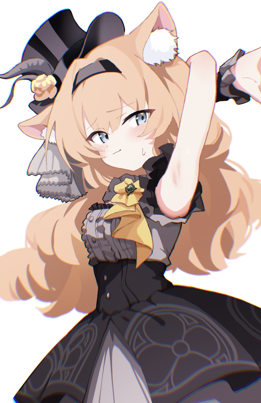 animal_ear_fluff animal_ears armpits black_headband black_overskirt blue_archive flower flower_hat fluffy_hair from_side grey_feathers hat hat_flower headband highres idol idol_clothes light_smile long_hair looking_at_viewer mari_(blue_archive) mari_(idol)_(blue_archive) meng_yin mini_hat mini_top_hat no_halo official_alternate_costume orange_hair top_hat white_background wrist_wrap yellow_flower