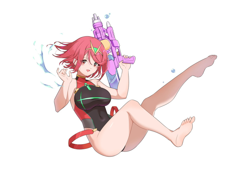 bare_shoulders black_one-piece_swimsuit breasts chest_jewel core_crystal_(xenoblade) female full_body hehe_jun highres holding holding_water_gun large_breasts multicolored_clothes multicolored_swimsuit one-piece_swimsuit pyra_(pro_swimmer)_(xenoblade) pyra_(xenoblade) red_eyes red_hair red_one-piece_swimsuit short_hair simple_background solo swimsuit tiara water water_gun white_background xenoblade_chronicles_(series) xenoblade_chronicles_2