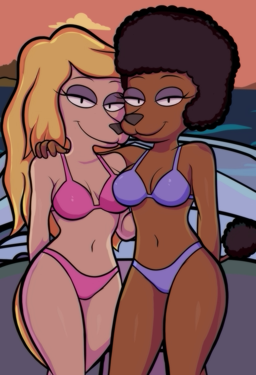 20th_century_fox absurd_res american_dad anthro bikini black_hair blackmore blonde_hair boat breasts brown_body brown_fur canid canine canis cleavage clothed clothing domestic_dog duo female female/female fur fuzzy_door_productions hair half-closed_eyes hi_res looking_back mammal narrowed_eyes navel open_mouth penny_(american_dad) poodle screencap smile swimwear tail tan_body tan_fur trish_(american_dad) two-piece_swimsuit underdog_productions vehicle watercraft