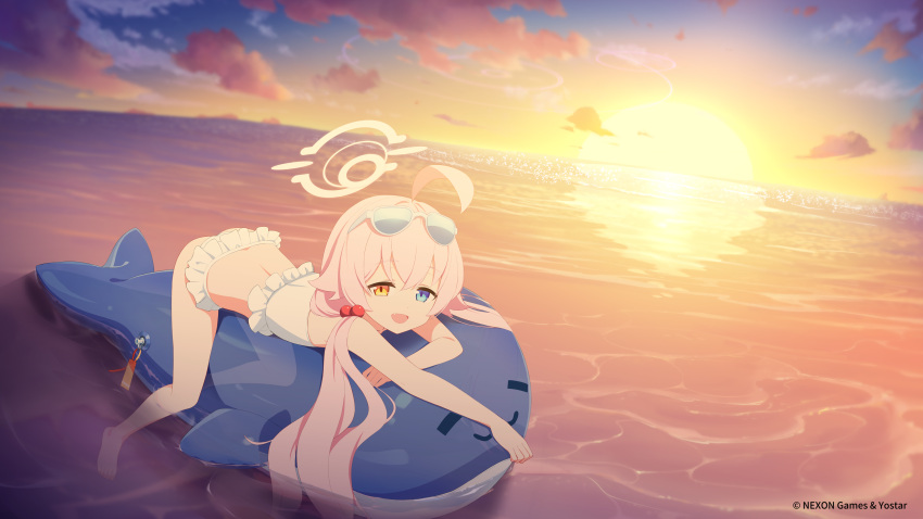 :d absurdres beach bikini blue_archive blue_whale cloud eyewear_on_head female floating foreclosure_task_force_(blue_archive) frilled_bikini frills halo highres horizon hoshino_(blue_archive) hoshino_(swimsuit)_(blue_archive) long_hair looking_at_viewer official_art official_wallpaper open_mouth pink_hair smile sunset swimsuit twintails very_long_hair water white-framed_eyewear white_bikini