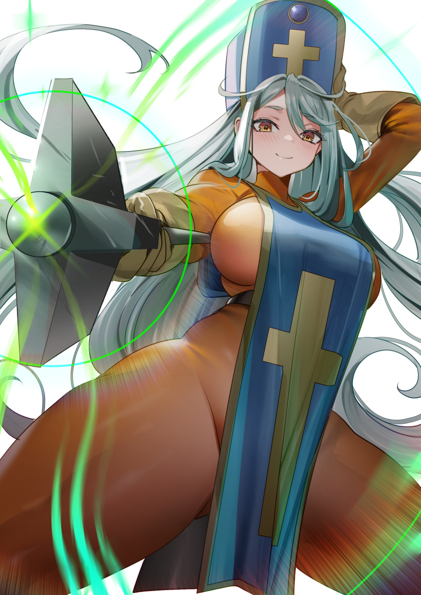 absurdres blue_hair blue_hat blue_tabard blush bodysuit breasts cross cross_print dragon_quest dragon_quest_iii female gloves hat highres light_blue_hair long_hair long_sleeves looking_at_viewer mitre orange_bodysuit orange_eyes priest_(dq3) smile solo tabard teddy_(khanshin) thighs yellow_gloves