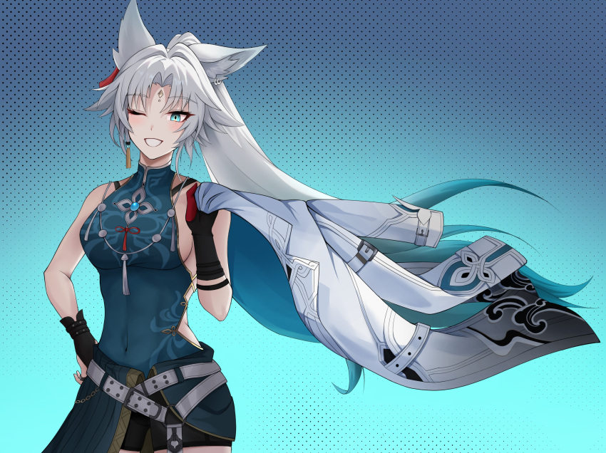 animal_ear_fluff animal_ears aqua_eyes bare_arms bare_shoulders black_gloves breasts coat cowboy_shot feixiao_(honkai:_star_rail) female fox_ears gloves grin highres holding holding_coat holding_unworn_clothes honkai:_star_rail honkai_(series) long_hair looking_at_viewer medium_breasts one_eye_closed sleeveless smile solo standing very_long_hair west_(user_frmf8438) white_coat white_hair