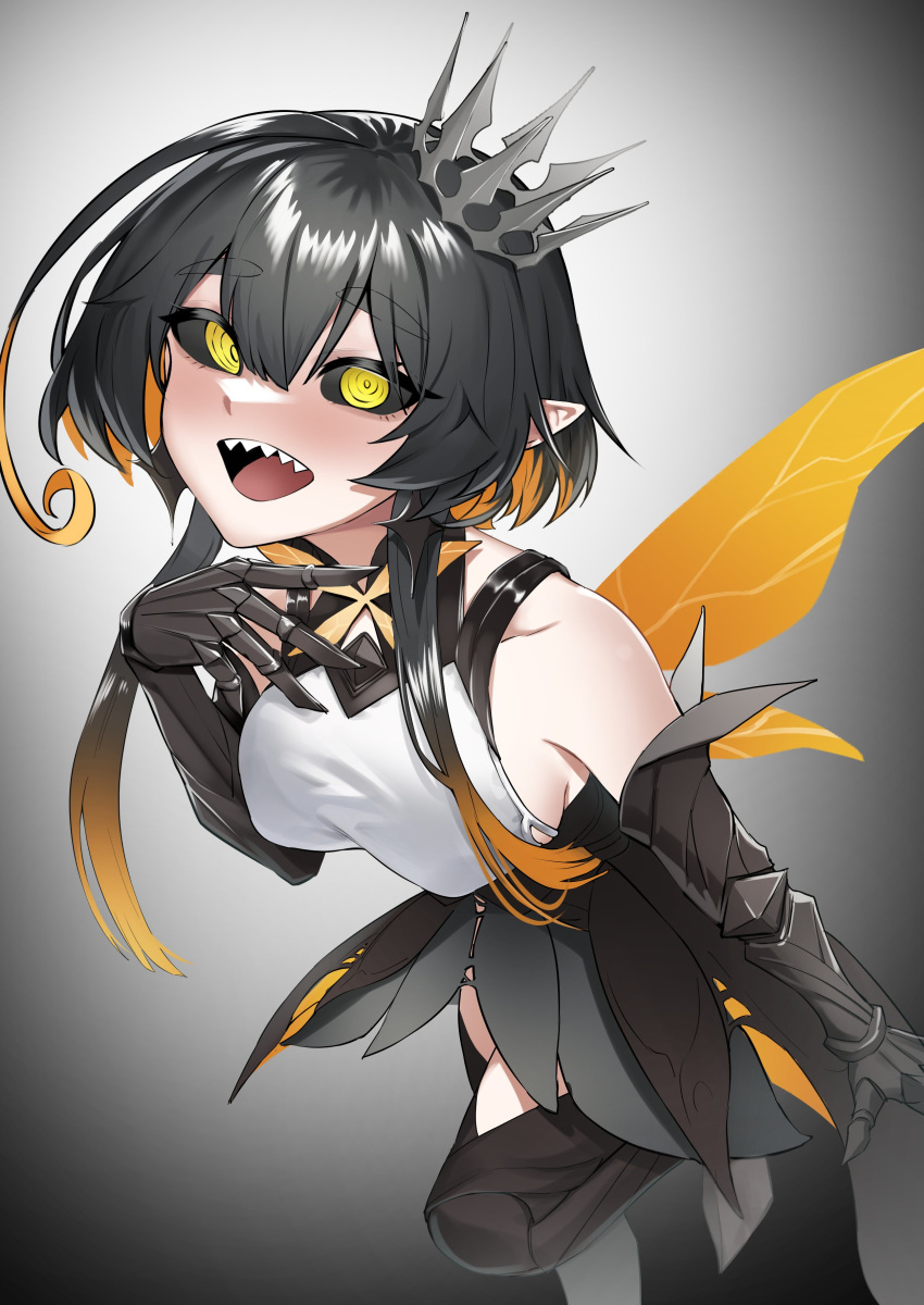 absurdres ahoge arthropod_girl bare_shoulders bee_girl bee_wings black_hair black_sclera blush borrowed_character breasts chrom_(ac8231) collarbone colored_sclera commission crown elbow_gloves female gloves gradient_background highres insect_wings large_breasts leaning_forward leg_up looking_at_viewer mitsukichi monster_girl multicolored_hair open_mouth orange_hair original pointy_ears sharp_teeth sidelocks simple_background skeb_commission smile teeth wings