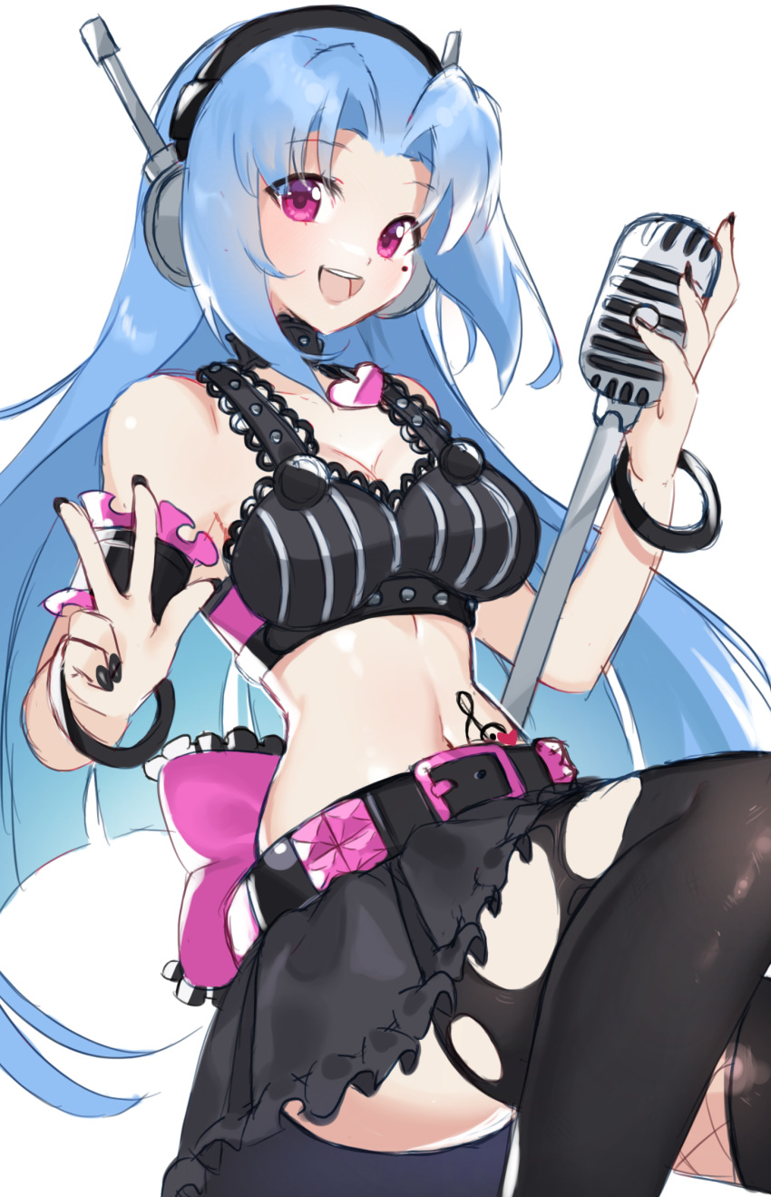 5pb_(neptunia) arm_garter belt black_skirt black_thighhighs blue_hair breasts cleavage collar commentary commentary_request crop_top female hand_up headphones heart heart_necklace highres holding holding_microphone holding_microphone_stand jewelry long_hair looking_at_viewer microphone microphone_stand midriff mole mole_under_eye multicolored_clothes nail_polish navel necklace neptune_(series) open_mouth purple_eyes simple_background skirt smile solo stomach stomach_tattoo suuuuica tattoo teeth thighhighs torn_clothes torn_thighhighs upper_teeth_only v very_long_hair white_background wristband