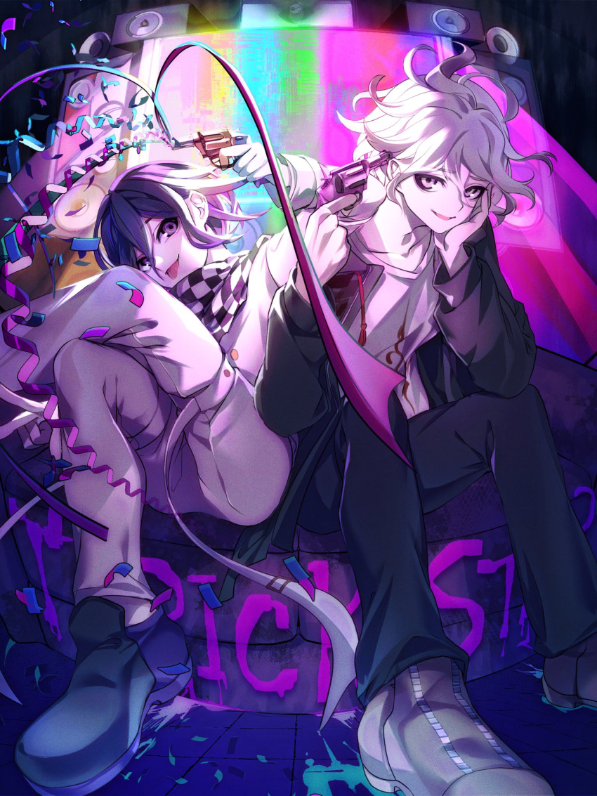 2boys backlighting buttons checkered_clothes checkered_scarf confetti crossed_legs danganronpa_(series) danganronpa_2:_goodbye_despair danganronpa_v3:_killing_harmony english_commentary green_jacket grey_hair gun gun_to_head hair_between_eyes highres holding holding_gun holding_weapon jacket komaeda_nagito light_rays long_sleeves looking_at_viewer male_focus medium_hair messy_hair multiple_boys nota_sayaka oma_kokichi open_clothes open_jacket open_mouth pants party_popper scarf shirt short_hair sitting smile straitjacket streamers teeth thigh_strap tongue tongue_out two-tone_scarf weapon white_hair