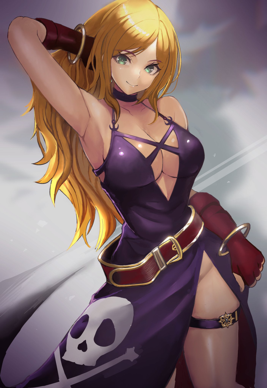 anchor_ornament armpits bangle bare_shoulders belt blonde_hair bracelet breasts bright_pupils choker cleavage commentary_request dress fatal_fury female fingerless_gloves garou:_mark_of_the_wolves gloves green_eyes highres jenet_behrn jewelry jolly_roger large_breasts long_hair looking_at_viewer loose_belt print_dress purple_choker purple_dress red_gloves rokuba skull_and_crossbones skull_print sleeveless sleeveless_dress solo the_king_of_fighters the_king_of_fighters_xv thigh_strap white_pupils