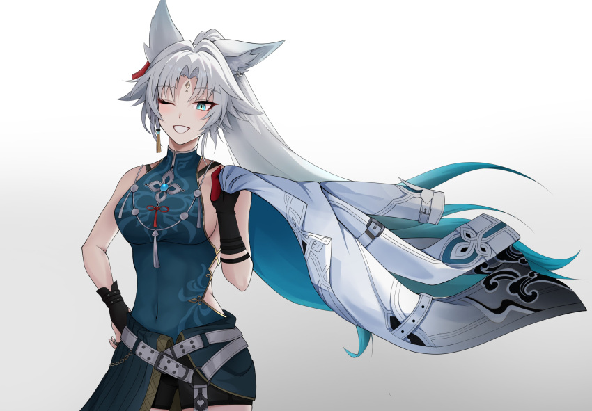 absurdres animal_ear_fluff animal_ears aqua_eyes bare_arms bare_shoulders black_gloves breasts coat cowboy_shot feixiao_(honkai:_star_rail) female fox_ears gloves grin highres holding holding_coat holding_unworn_clothes honkai:_star_rail honkai_(series) long_hair looking_at_viewer medium_breasts one_eye_closed sleeveless smile solo standing very_long_hair west_(user_frmf8438) white_coat white_hair