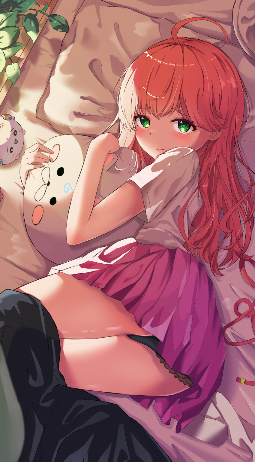 35p_(sakura_miko) 3_3human absurdres ahoge alternate_costume ass bed_sheet black_panties blanket blush covering_with_blanket female green_eyes head_on_pillow highres hololive hugging_object indoors lace lace_panties leaf lips long_hair looking_at_viewer lying maguchi_(sakura_miko) on_bed on_side panties pillow pillow_hug pink_hair pink_skirt pleated_skirt sakura_miko shiny_skin shirt short_sleeves skirt solo sunlight tearing_up thighs underwear unworn_ribbon virtual_youtuber white_shirt