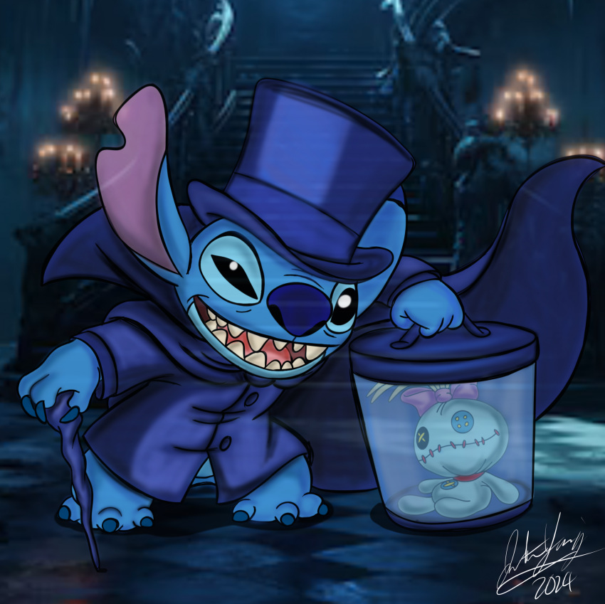 2024 3_toes 4_fingers alien anthro biped black_eyes blue_claws blue_nose bottomless bottomless_anthro bottomless_male claws clothed clothing cosplay crossover crossover_cosplay disney disney_parks duo experiment_(lilo_and_stitch) featureless_crotch feet fingers hat hatbox_ghost_(the_haunted_mansion) headgear headwear hi_res holding_object inanimate_object lilo_and_stitch looking_at_viewer male notched_ear open_mouth open_smile rag_doll_(toy) screencap screencap_background scrump signature smile stairs standing stitch_(lilo_and_stitch) the_haunted_mansion toes top_hat walking_stick yingcartoonman