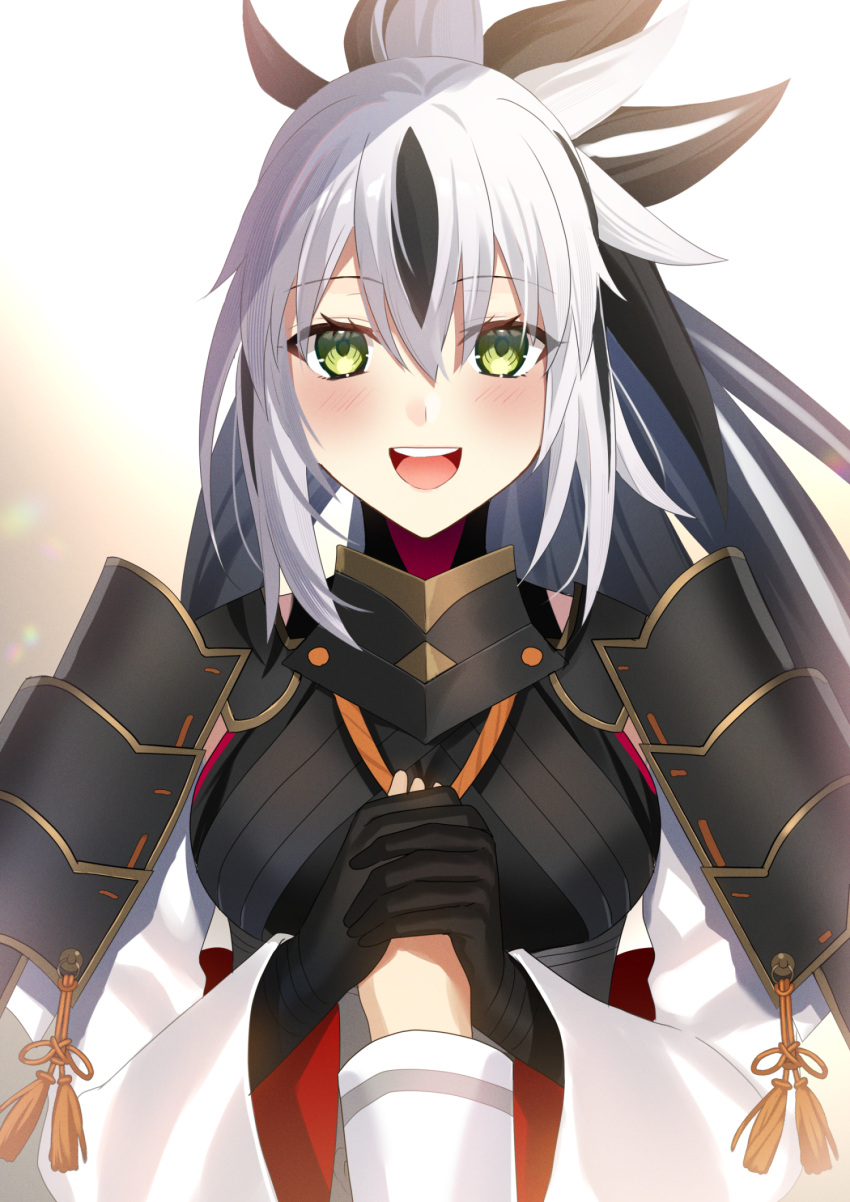 armor black_hair black_shirt breasts collar fate/grand_order fate_(series) female fuyuki_(neigedhiver) green_eyes hair_between_eyes high_ponytail highres japanese_armor long_hair long_sleeves looking_at_viewer medium_breasts metal_collar multicolored_hair nagao_kagetora_(fate) shirt shoulder_armor sidelocks sode solo_focus tassel two-tone_hair uesugi_kenshin_(fate) uesugi_kenshin_(first_ascension)_(fate) very_long_hair white_hair wide_sleeves