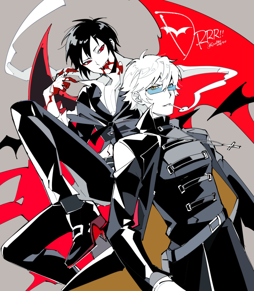 2boys absurdres bat_(animal) bat_wings belt belt_buckle black_belt black_coat black_hair black_pants black_shirt blood blood_on_face blood_on_hands blue-tinted_eyewear boots buckle cigarette coat collared_shirt copyright_name cross cross_necklace dated durarara!! eromkk fangs frilled_sleeves frills hair_between_eyes heiwajima_shizuo high_heel_boots high_heels highres jewelry long_sleeves male_focus multiple_boys necklace orihara_izaya pants parted_lips pouch red_eyes rimless_eyewear shirt smoke smoke_trail smoking teeth thigh_pouch tinted_eyewear twitter_username vampire wings