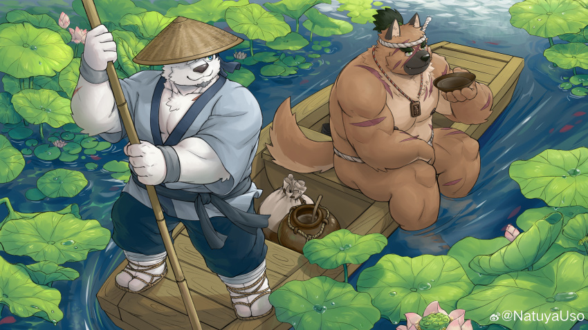 2boys absurdres animal_ears bara bear_boy belly boat chinese_clothes chinese_commentary closed_mouth commentary_request conical_hat cross_scar dog_boy dog_ears dog_tail facial_hair fang_out fat flower fundoshi furry furry_male goatee green_eyes hanfu hat highres inkpaintinglong japanese_clothes jewelry lotus lotus_leaf male_focus multiple_boys multiple_scars necklace nipples oerba_yun_fang on_boat original pectoral_cleavage pectorals ponytail rowing scar scar_on_arm scar_on_cheek scar_on_chest scar_on_face scar_on_forehead scar_on_leg scar_on_nose scar_on_stomach second-party_source sitting smile standing straw_hat tail tokyo_afterschool_summoners watercraft yasuyori_(housamo)