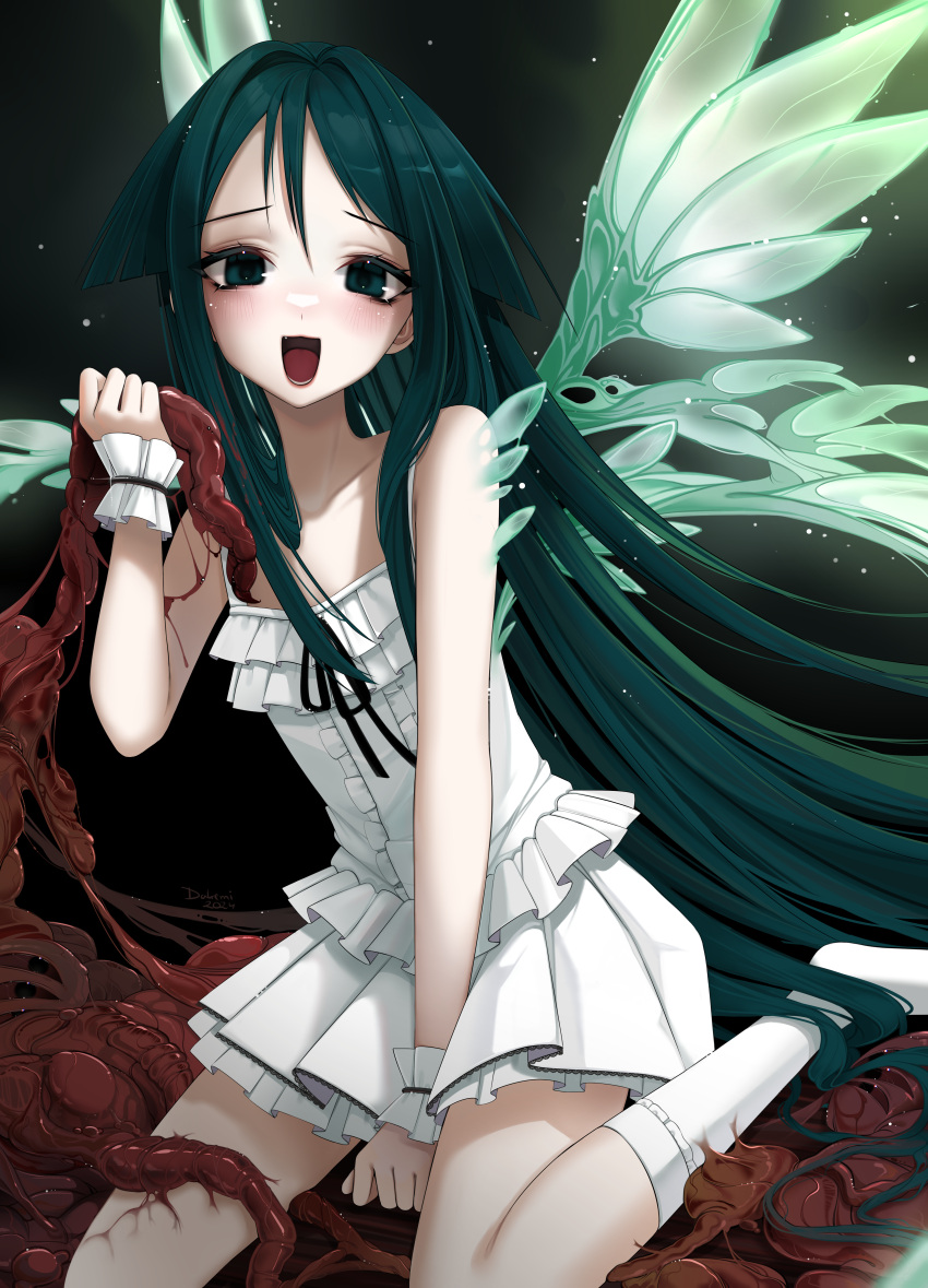 absurdres bare_shoulders between_legs black_ribbon claralukika colored_eyelashes dress female frilled_dress frills glowing glowing_wings green_eyes green_hair green_wings hair_flaps hand_between_legs highres holding long_hair looking_at_viewer open_mouth ribbon saya_(saya_no_uta) saya_no_uta sidelocks sleeveless sleeveless_dress solo transparent_wings very_long_hair white_dress white_wrist_cuffs wings wrist_cuffs