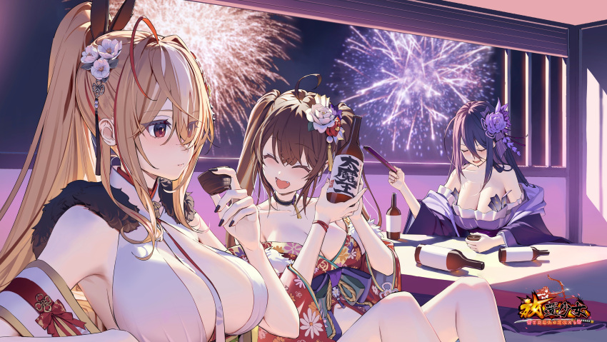 3girls absurdres aerial_fireworks ahoge alcohol bare_shoulders black_nails blonde_hair bottle breasts brown_hair choko_(cup) closed_eyes closed_mouth collarbone copyright_name cup fireworks floral_print floral_print_kimono flower folded_fan folding_fan hair_flower hair_ornament hand_fan highres holding holding_bottle holding_fan houchi_shoujo indoors japanese_clothes kimono kitada_mo large_breasts long_hair long_sleeves multiple_girls nail_polish night off_shoulder official_art open_mouth ponytail purple_flower purple_hair purple_rose red_eyes red_kimono rose sake sake_bottle table twintails white_flower