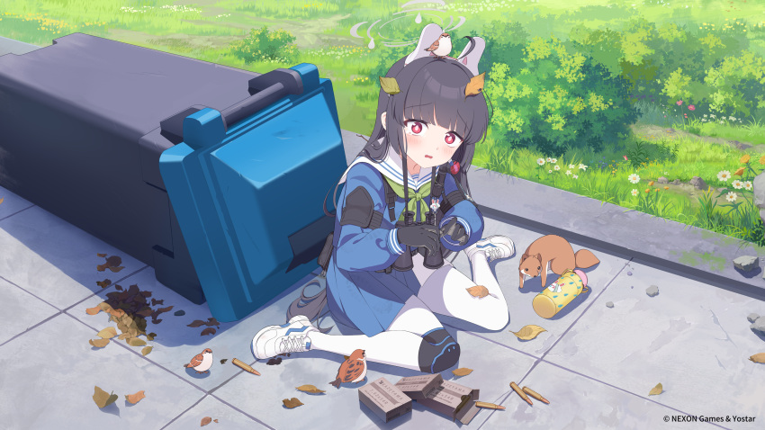 absurdres ammunition ammunition_box animal_ear_headband animal_ears armband binoculars bird black_hair blue_archive blush bottle fake_animal_ears female flower full_body gloves green_neckerchief halo highres leaf leaf_on_head long_hair long_sleeves looking_at_viewer miyu_(blue_archive) neckerchief official_art official_wallpaper open_mouth pantyhose park rabbit_ears red_eyes sailor_collar school_uniform shoes sitting skirt squirrel straight_hair trash_can water_bottle white_footwear white_pantyhose