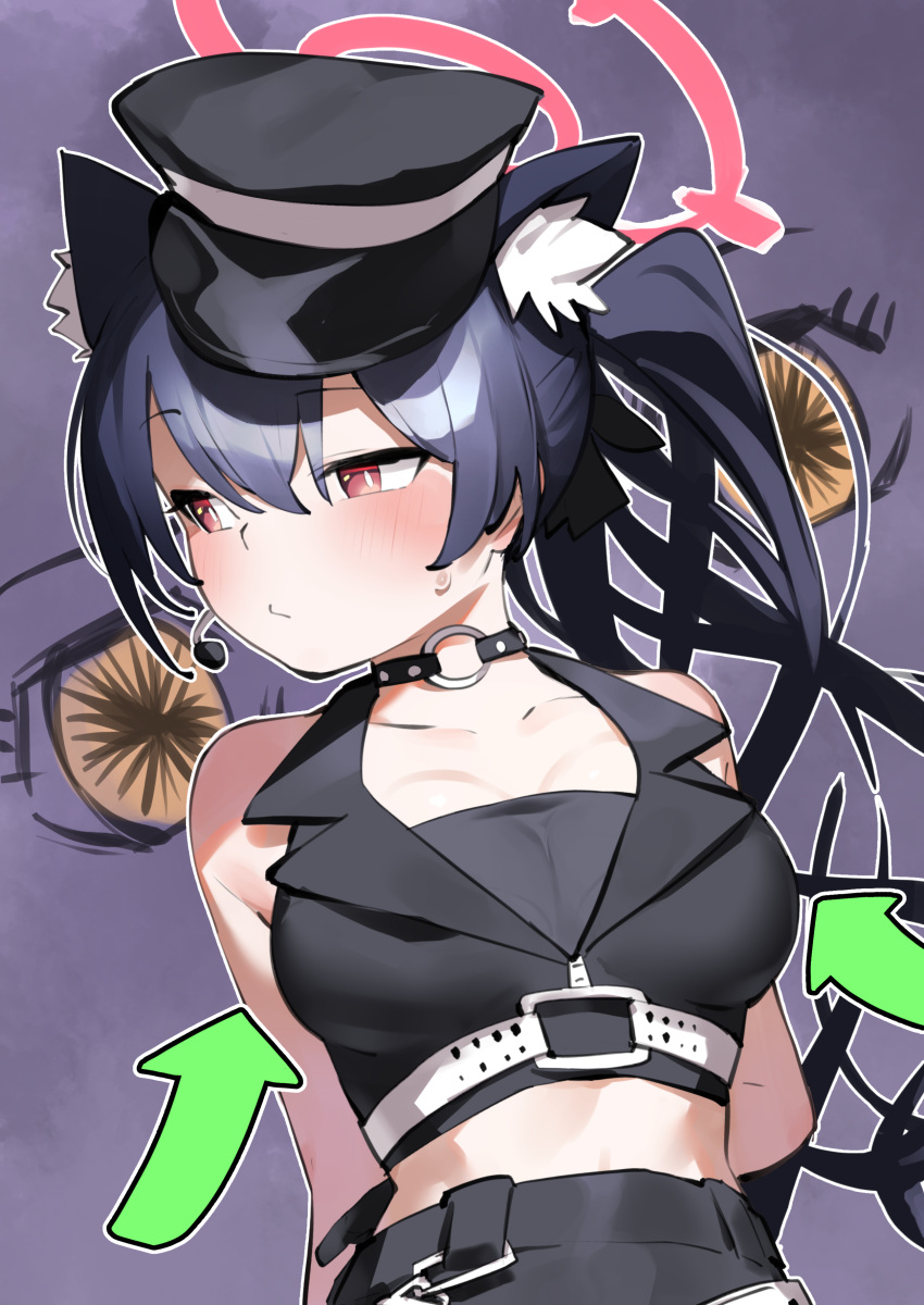 absurdres animal_ear_fluff animal_ears bare_shoulders belt black_choker black_gloves black_hair black_shirt blue_archive breasts cat_ears choker closed_mouth earpiece extra_ears female gloves goe_(g-o-e) halo hat highres idol idol_clothes large_breasts long_hair midriff o-ring o-ring_choker official_alternate_costume official_alternate_hairstyle peaked_cap pink_halo red_eyes serika_(idol)_(blue_archive) shirt sleeveless sleeveless_shirt solo upper_body