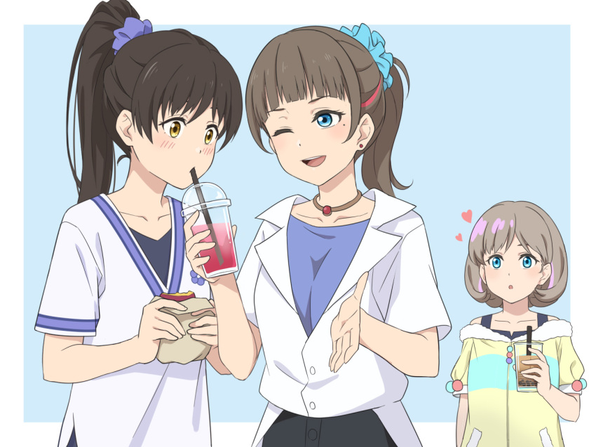 3girls black_hair blue_eyes blush collarbone commentary cup drink drinking drinking_straw earrings grey_hair hazuki_ren heart high_ponytail jewelry laofuzi_dai_bansho long_hair love_live! love_live!_superstar!! multiple_girls necklace one_eye_closed ponytail siblings sisters tang_keke tang_mengmeng upper_body yellow_eyes