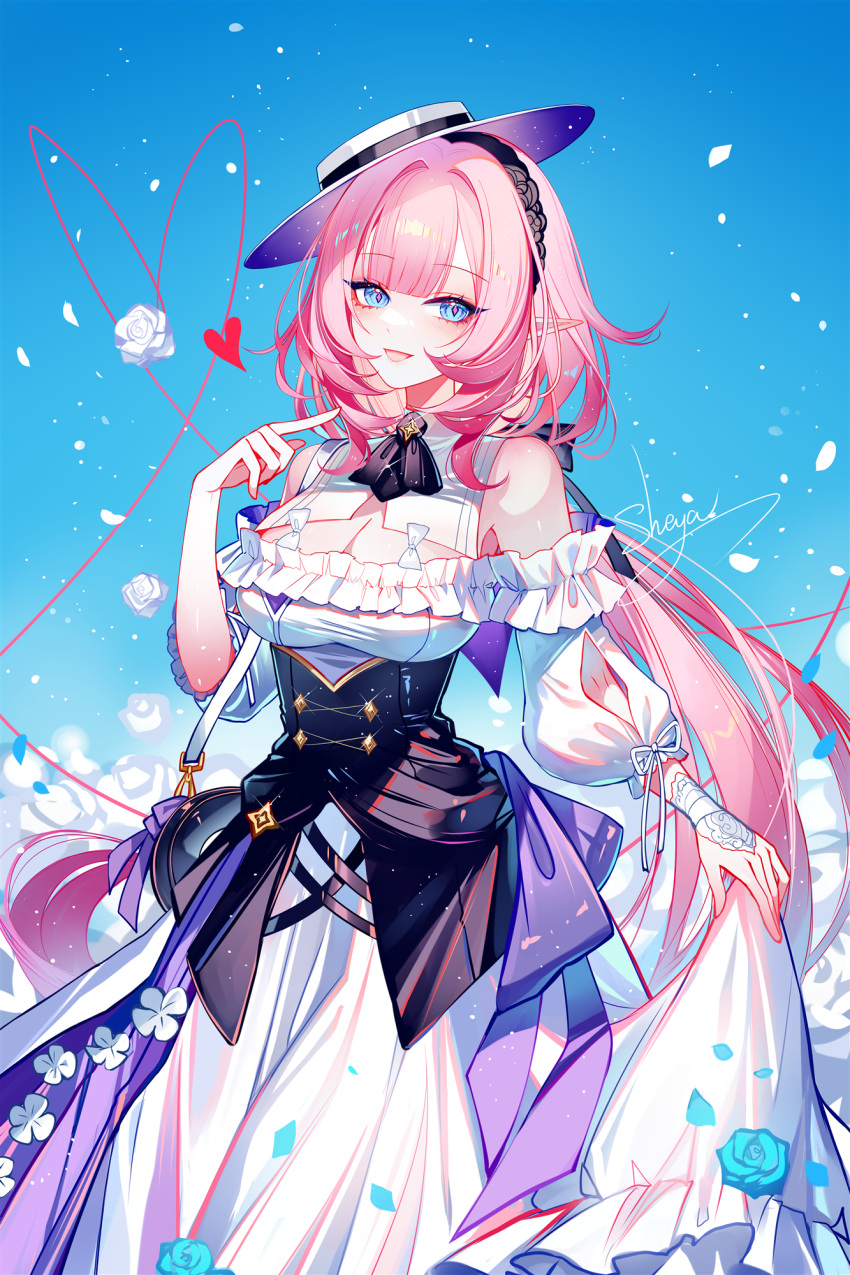 :d bare_shoulders black_skirt blue_eyes breasts chinese_commentary cleavage commentary_request detached_collar dress elysia_(honkai_impact) elysia_(sweet_memories)_(honkai_impact) female flower frilled_dress frills hair_intakes hat heart heart_of_string high-waist_skirt highres honkai_(series) honkai_impact_3rd large_breasts long_dress long_hair long_sleeves looking_at_viewer off-shoulder_dress off_shoulder official_alternate_costume open_mouth pink_hair pointy_ears rose sheya skirt smile solo standing very_long_hair white_dress white_flower white_hat white_rose