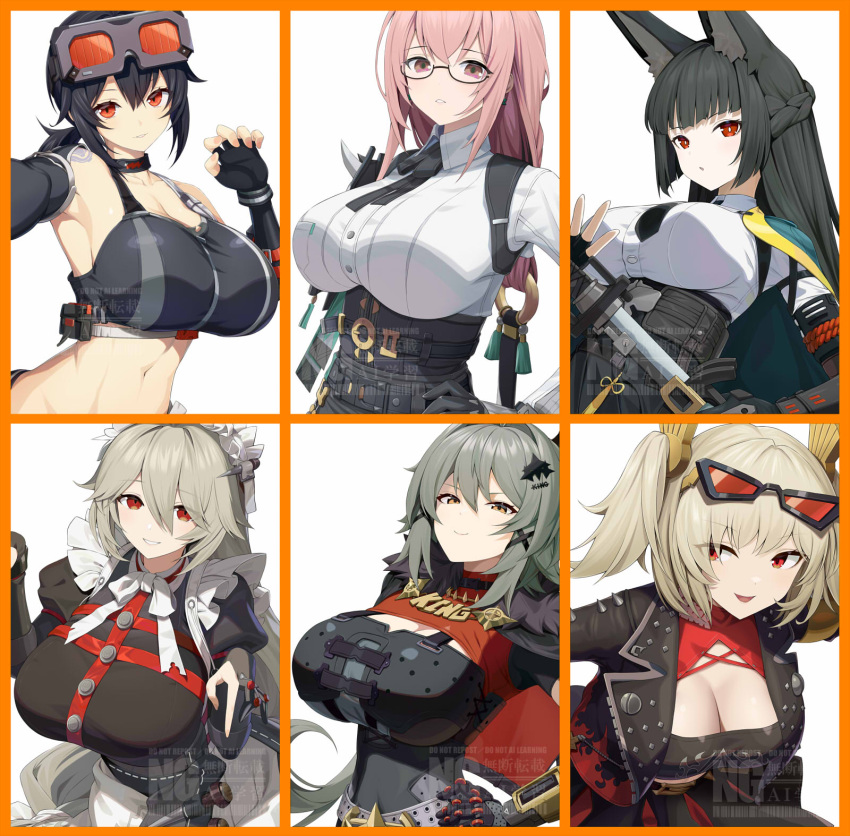 6+girls alexandrina_sebastiane animal_ear_fluff animal_ears asamura_hiori black_gloves black_hair black_necktie black_skirt blunt_bangs breasts brown_eyes burnice_white caesar_king_(zenless_zone_zero) cleavage crop_top dress_shirt earrings fingerless_gloves fingernails fox_ears fox_girl glasses gloves goggles goggles_on_head grace_howard hair_between_eyes high-waist_skirt highres holding holding_sword holding_weapon hoshimi_miyabi jewelry katana large_breasts light_brown_hair long_hair looking_at_viewer maid maid_headdress multiple_girls navel necktie open_mouth parted_lips partially_fingerless_gloves pink_eyes pink_hair ponytail red_eyes sample_watermark shirt sidelocks simple_background single_fingerless_glove skirt smile solo sword tsukishiro_yanagi upper_body watermark weapon white_background white_hair white_shirt zenless_zone_zero