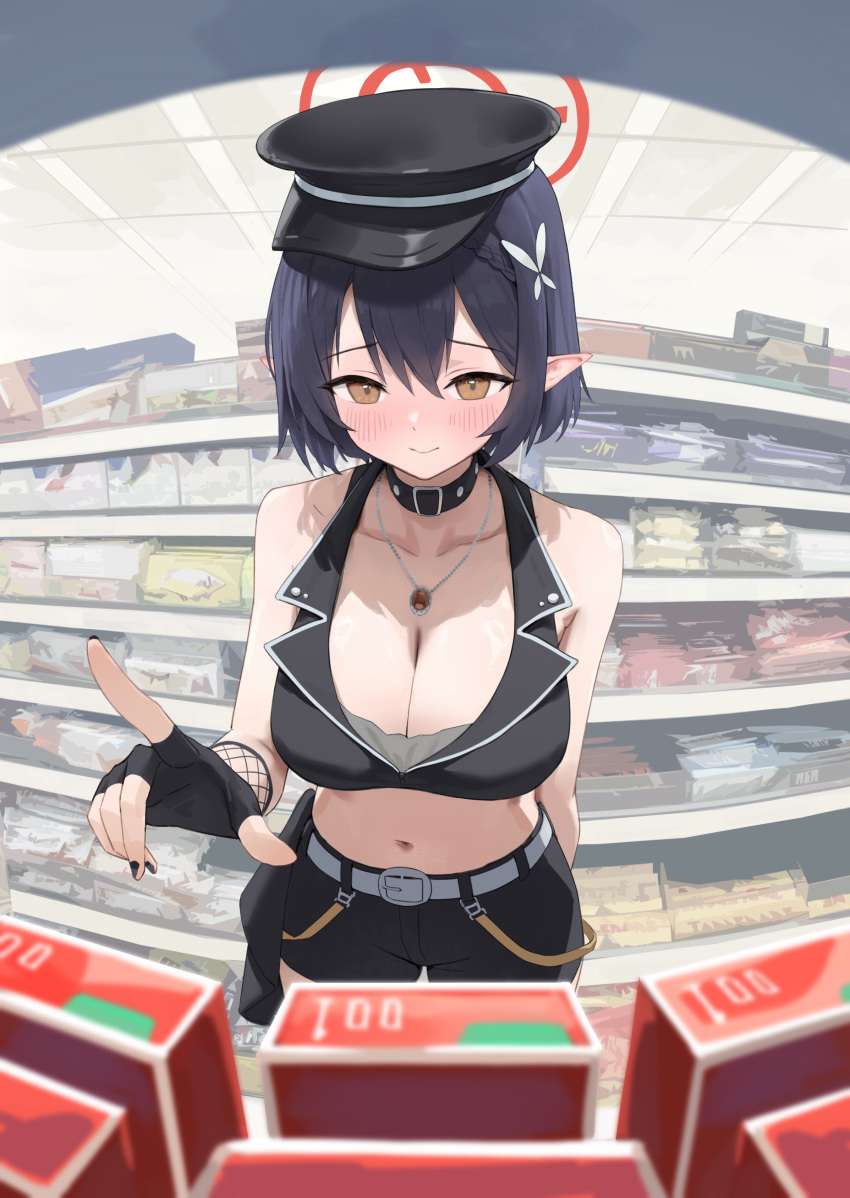 absurdres ayane_(blue_archive) ayane_(idol)_(blue_archive) belt black_hat black_shirt black_shorts blue_archive blush breasts buying_condoms cleavage closed_mouth condom_box convenience_store cowboy_shot crop_top female hair_between_eyes halo hat highres jewelry large_breasts looking_at_viewer midriff navel necklace peaked_cap pointy_ears red_halo shirt shop short_hair shorts siu_hing5262 sleeveless sleeveless_shirt smile solo sweat white_belt yellow_eyes zipper