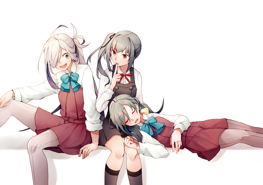 3girls asashimo_(kancolle) brown_eyes closed_eyes commentary_request dress green_eyes grey_hair grey_legwear hair_between_eyes hair_over_one_eye highres index_finger_raised kantai_collection kasumi_(kancolle) kiyoshimo_(kancolle) lap_pillow long_hair long_sleeves low_twintails multiple_girls nan_(nanyayyay) open_mouth pantyhose pinafore_dress ponytail purple_legwear remodel_(kantai_collection) sharp_teeth shirt side_ponytail sleeping sleeveless sleeveless_dress teeth twintails white_hair white_shirt