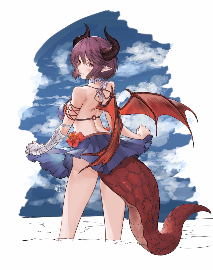 absurdres back bandaged_arm bandages bikini blue_bikini breasts clothes_lift commentary_request dragon_girl dragon_horns dragon_tail dragon_wings female flower from_behind granblue_fantasy grea_(shingeki_no_bahamut) hair_between_eyes hibiscus highres horns large_breasts lifting_own_clothes looking_at_viewer looking_back manaria_friends miniskirt o-ring ocean photoshop_(medium) pleated_skirt pointy_ears purple_hair red_eyes shingeki_no_bahamut short_hair skirt skirt_lift solo strap_gap swimsuit tail unkobako water wings