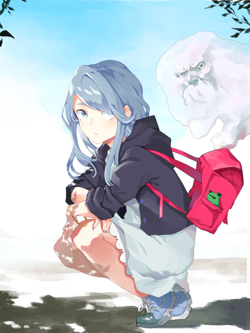 1boy :/ adapted_costume backpack bad_id bad_pixiv_id bag banssee blue_eyes blue_hair bracelet contemporary dress female frog hair_over_one_eye highres hood hoodie jewelry kumoi_ichirin nail_polish no_headwear outdoors photoshop_(medium) squatting touhou unzan