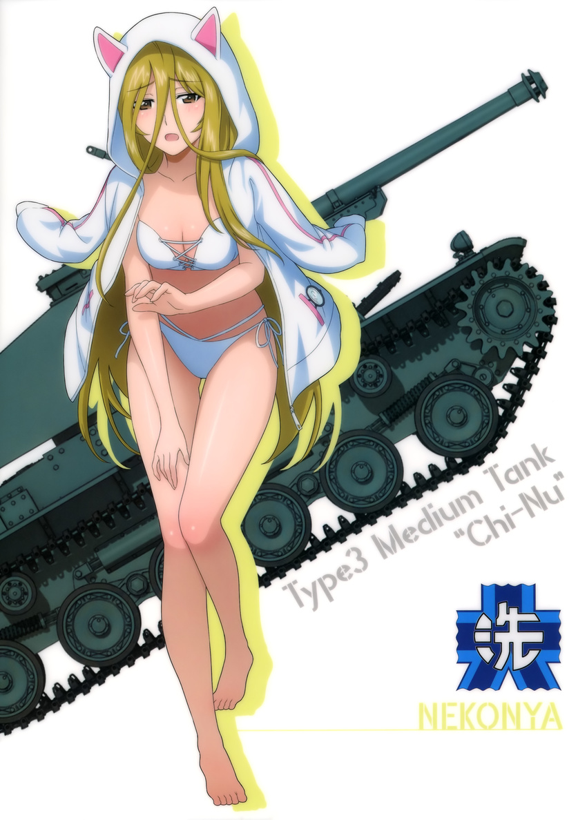 absurdres animal_ears animal_hood barefoot bikini breasts brown_eyes cardigan cat_hood caterpillar_tracks character_name cleavage collarbone emblem fake_animal_ears female girls_und_panzer girls_und_panzer_senshadou_daisakusen! hair_between_eyes highres hood hooded_sweater leaning_forward long_hair looking_at_viewer medium_breasts military military_vehicle motor_vehicle nekonyaa_(girls_und_panzer) no_eyewear official_art ooarai_(emblem) open_cardigan open_clothes open_mouth shiny_skin simple_background solo strapless strapless_bikini sweater swimsuit tank type_3_chi-nu very_long_hair white_background white_bikini white_sweater