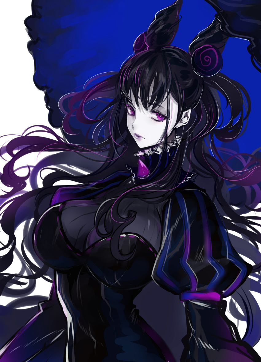 absurdres bangs black_clothes breasts closed_mouth fate/grand_order fate_(series) female highres large_breasts long_hair looking_at_viewer misshao_00 murasaki_shikibu_(fate) purple_eyes umbrella white_background