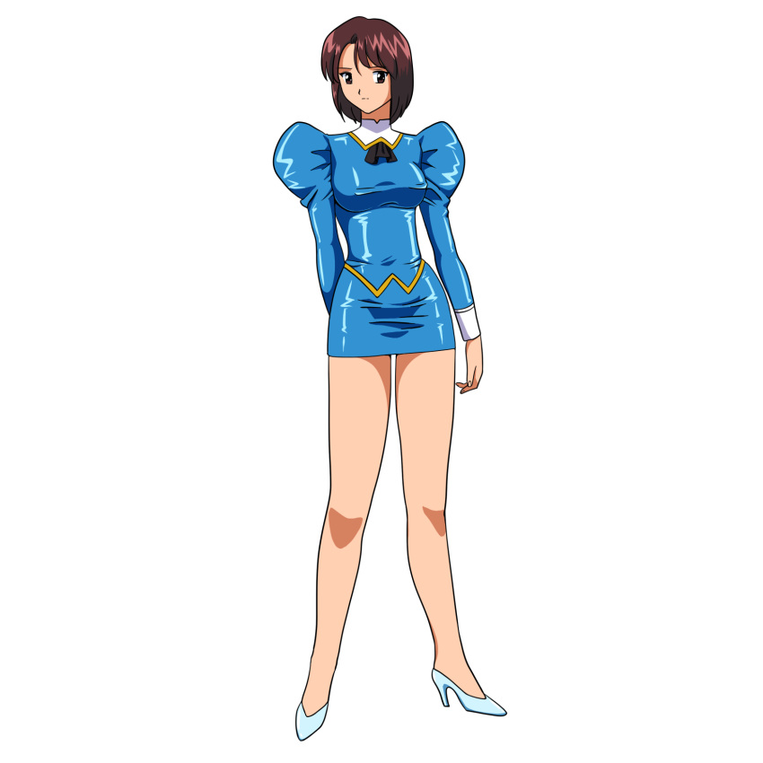 agent_aika aika_(series) ascot black_ascot blue_delmo blue_delmo_t blue_footwear blue_jacket blue_skirt breasts brown_eyes brown_hair closed_mouth delmogeny_uniform derivative_work female full_body high_heels highres jacket juliet_sleeves legs long_sleeves medium_breasts pencil_skirt puffy_sleeves skirt solo standing taut_clothes thighs transparent_background turnip007 uniform vector_trace