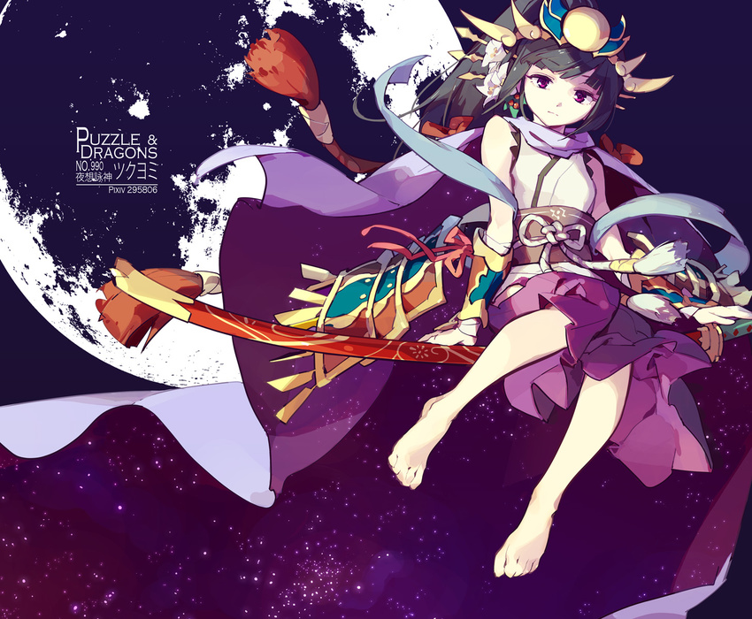 androgynous bare_shoulders barefoot black_hair blunt_bangs commentary_request gender_request haori headpiece highres japanese_clothes katana kimono long_hair photoshop_(medium) ponytail purple_hair puzzle_&_dragons red_eyes sitting sleeveless sleeveless_kimono solo sword tennohi very_long_hair weapon yomi_(p&d)